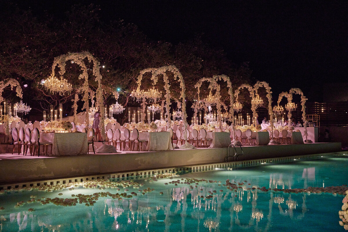 Table scape and decorations for a wedding by the pool at Amangiri UTah