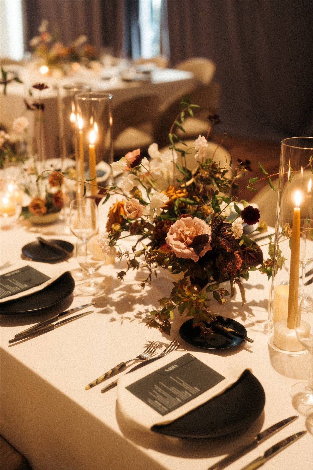 Modern fall city wedding black beige brown blush crimson