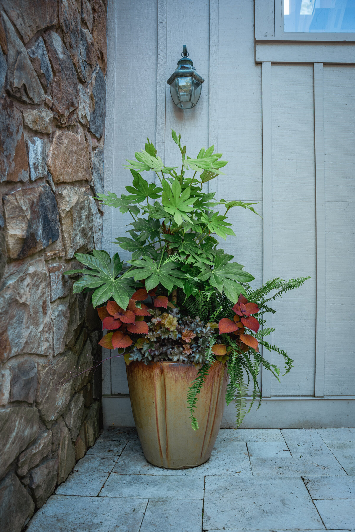 container garden with shade plants in a brown pot