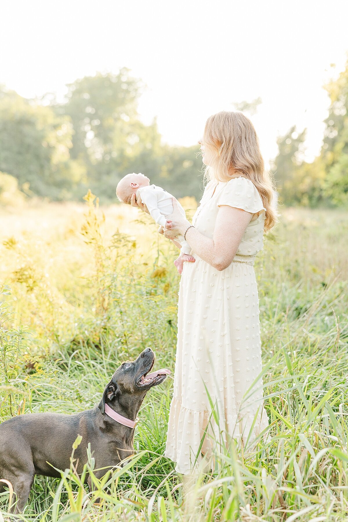 mom stands with dog during outdoor newborn photo session at Heard Farm in Wayland Massachusetts with Sara Sniderman Photography