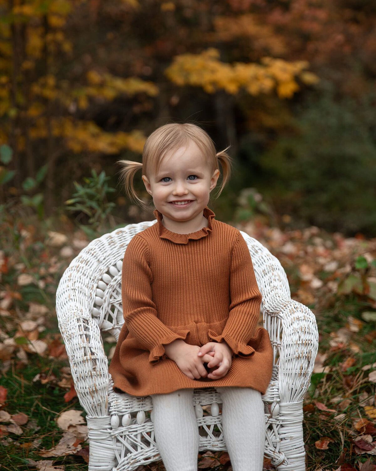 Young toddler girl wearing a brown dress sitting on a white wicker chair. Fall colors are in the background.