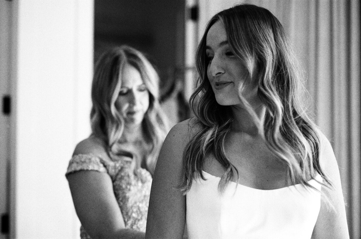 black and white 35mmfilm mother and bride getting ready