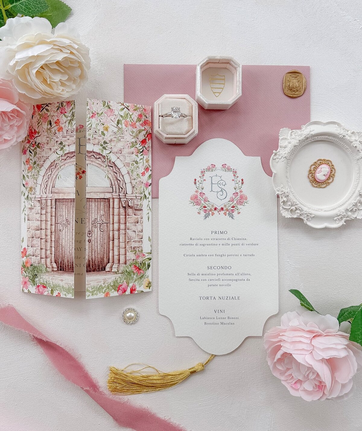 Luxury wedding stationery in blush for destination wedding in Italy