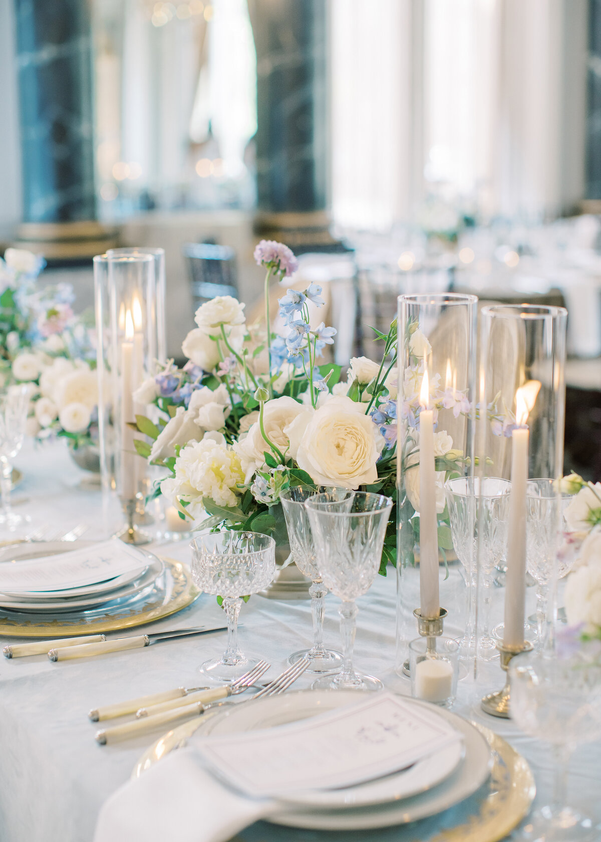 Kate Campbell Floral cream blue and lavender wedding with sweet pea garden roses tweedia peonies reception table at the belvedere compote 4