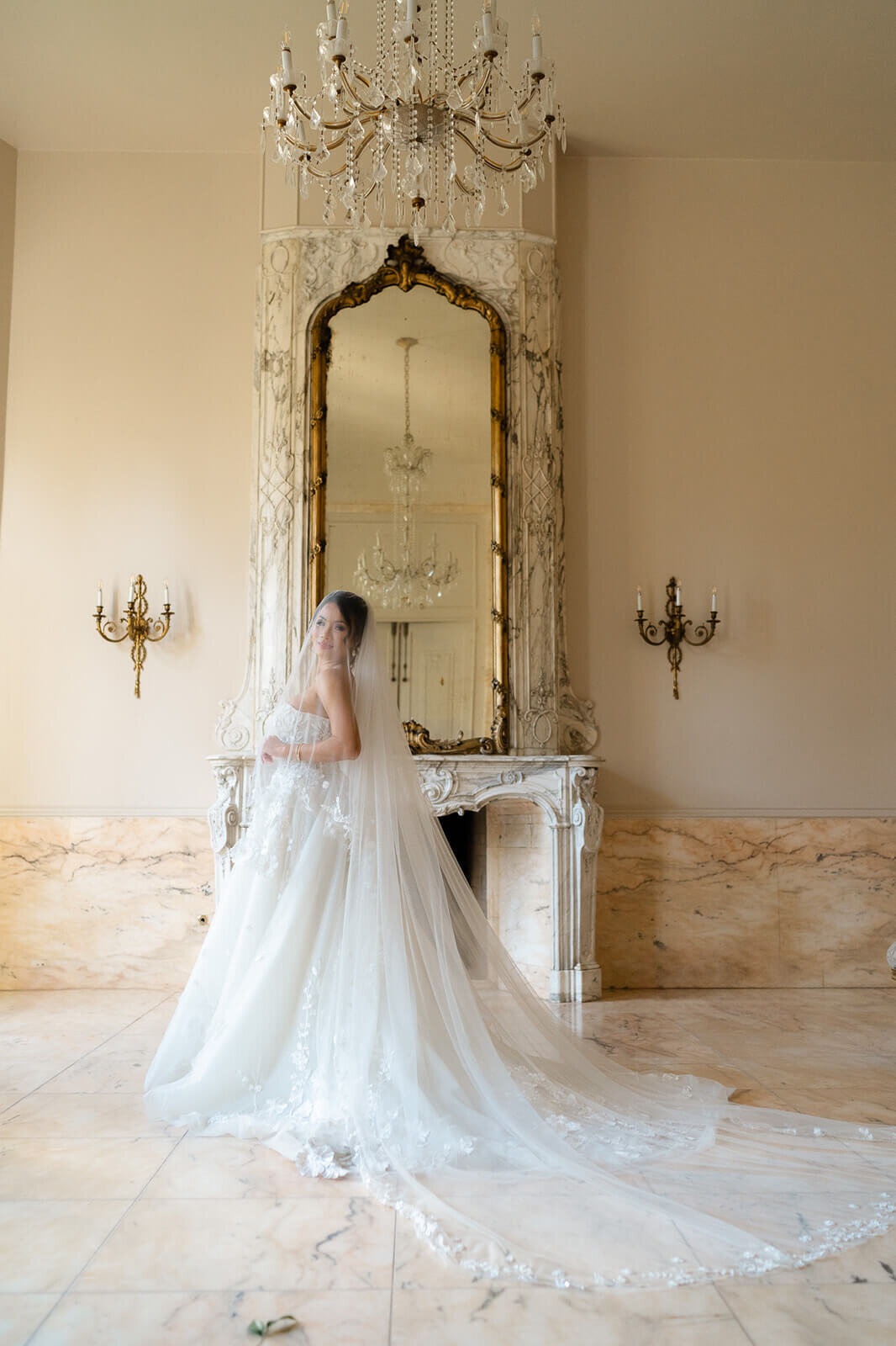 bridal portrait in front of grand fireplace