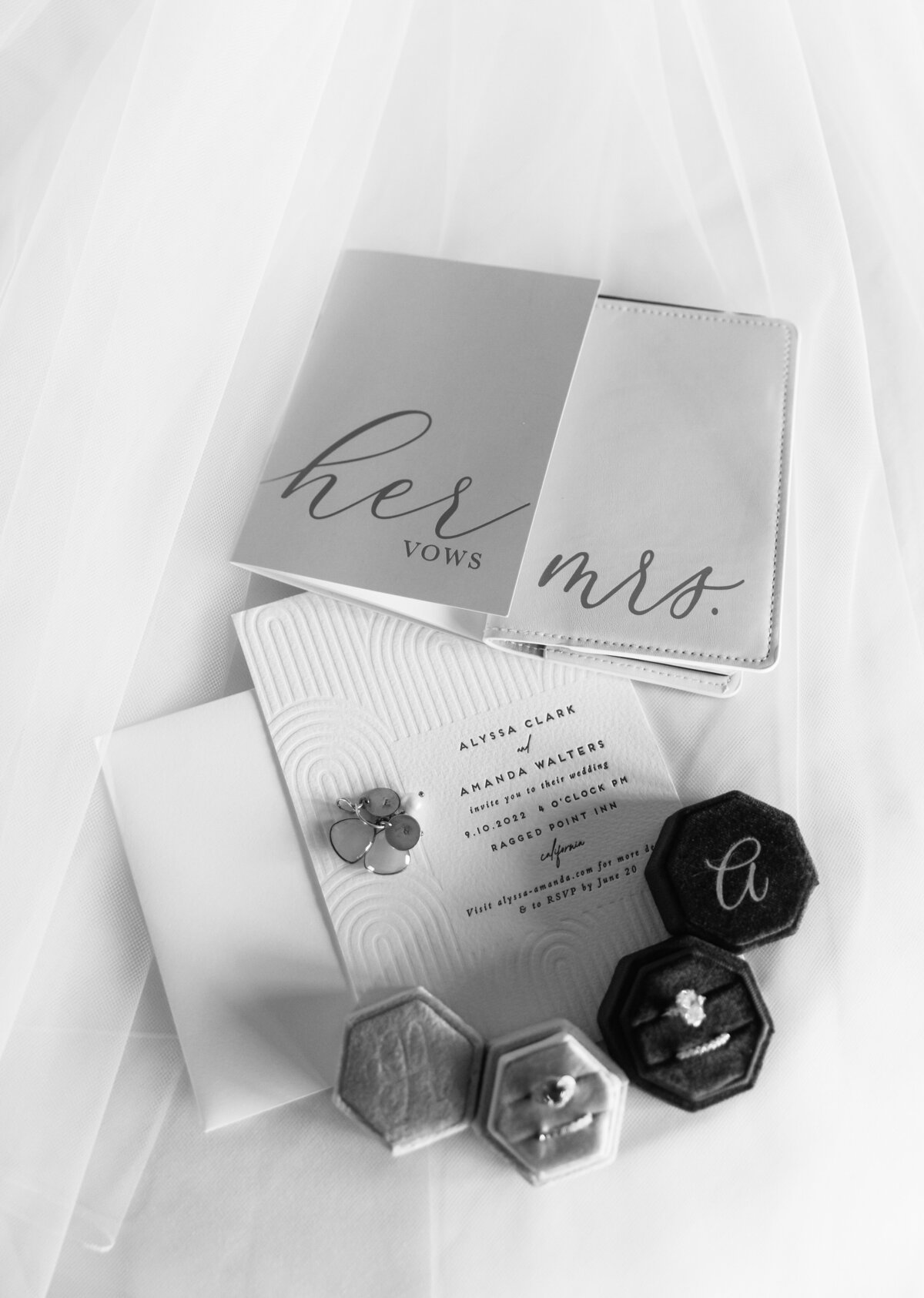 wedding rings, invitations and vow books