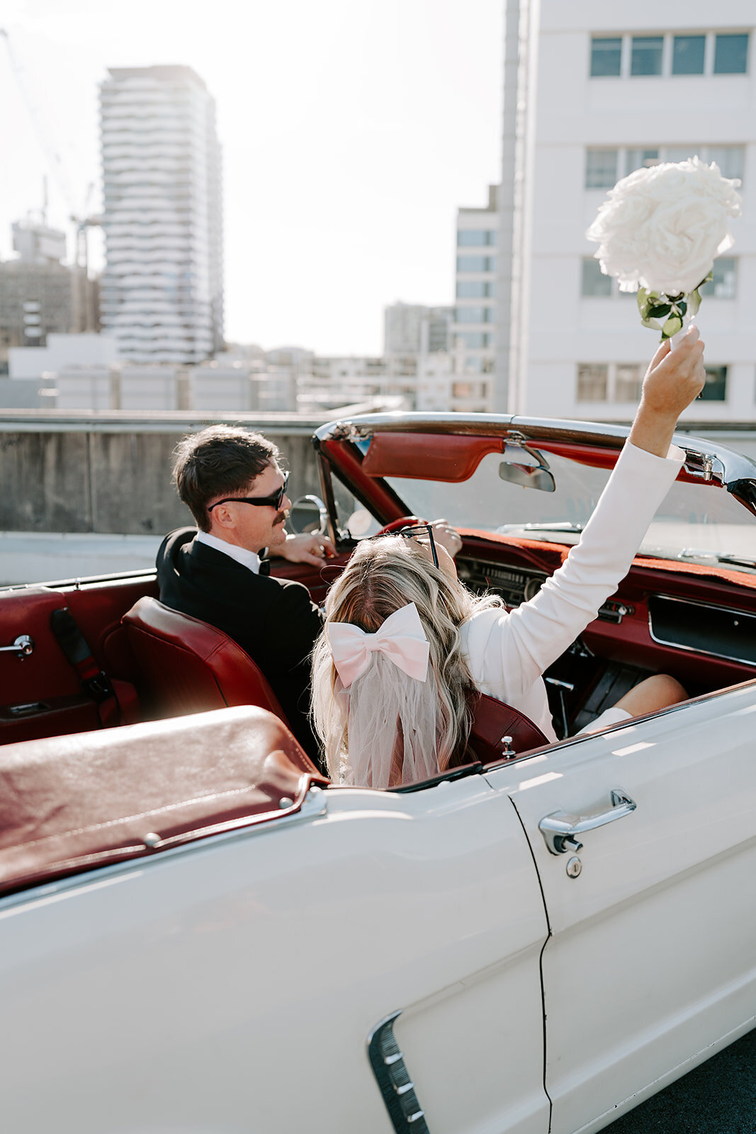 rooftop brisbane photoshoot, convertable wedding car photoshoot