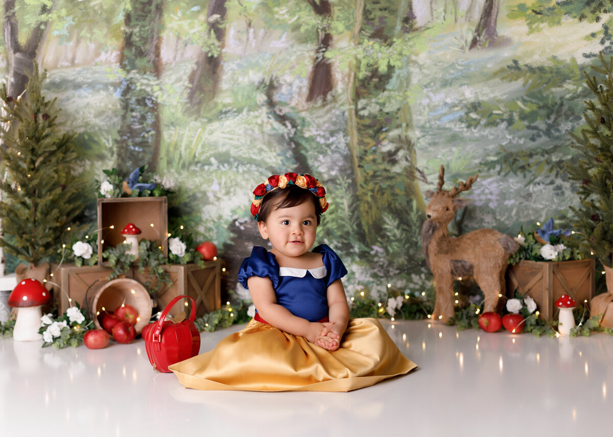 Snow white theme cake smash in Wellington Florida photography studio. Baby girl is wearing a snow white inspired dress with floral crown. In the background, is a forest lake theme with a woodland deer, mushrooms evergreen trees and apples.