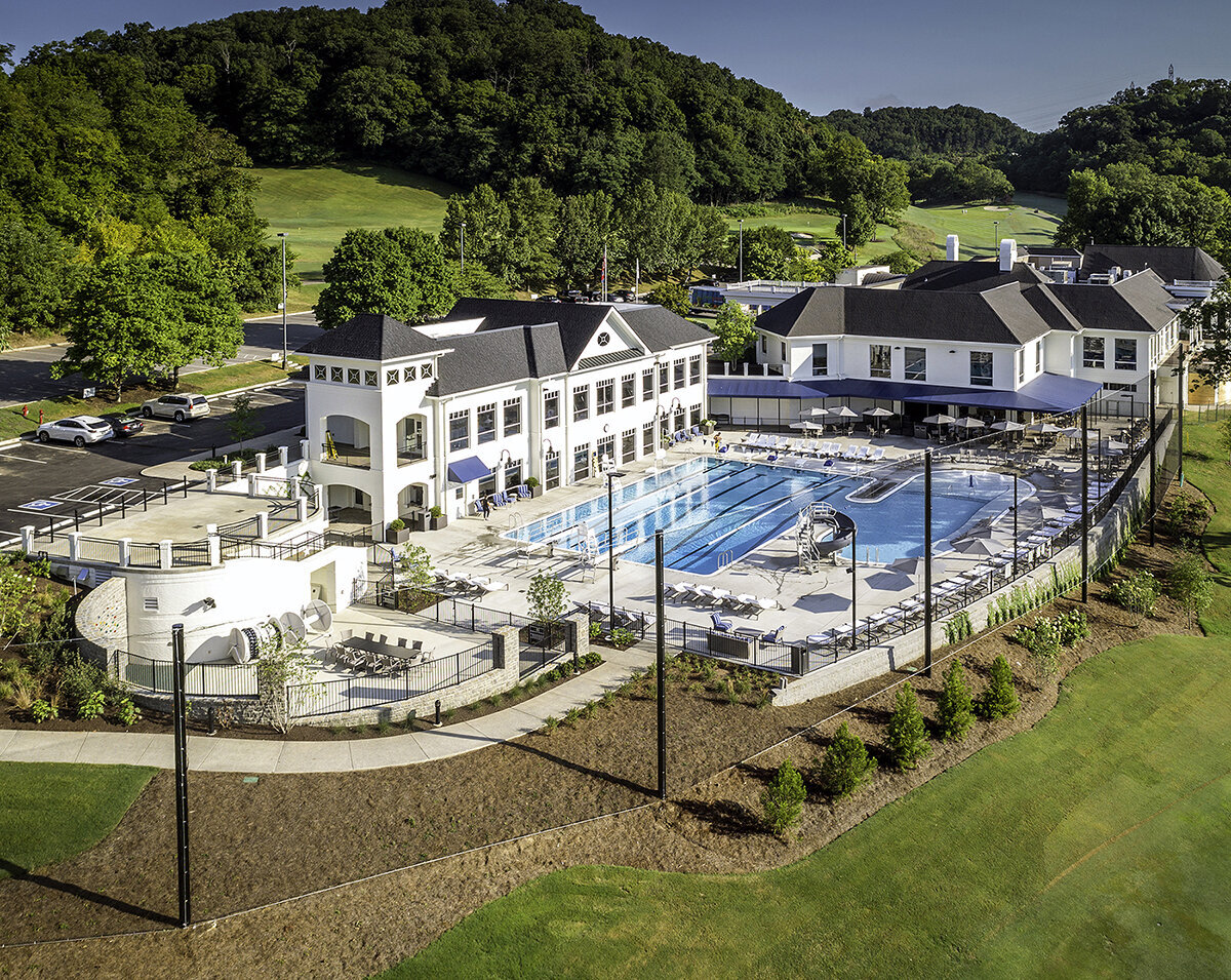 aerial view over the swimming pool and fitness center at Richland Country Club
