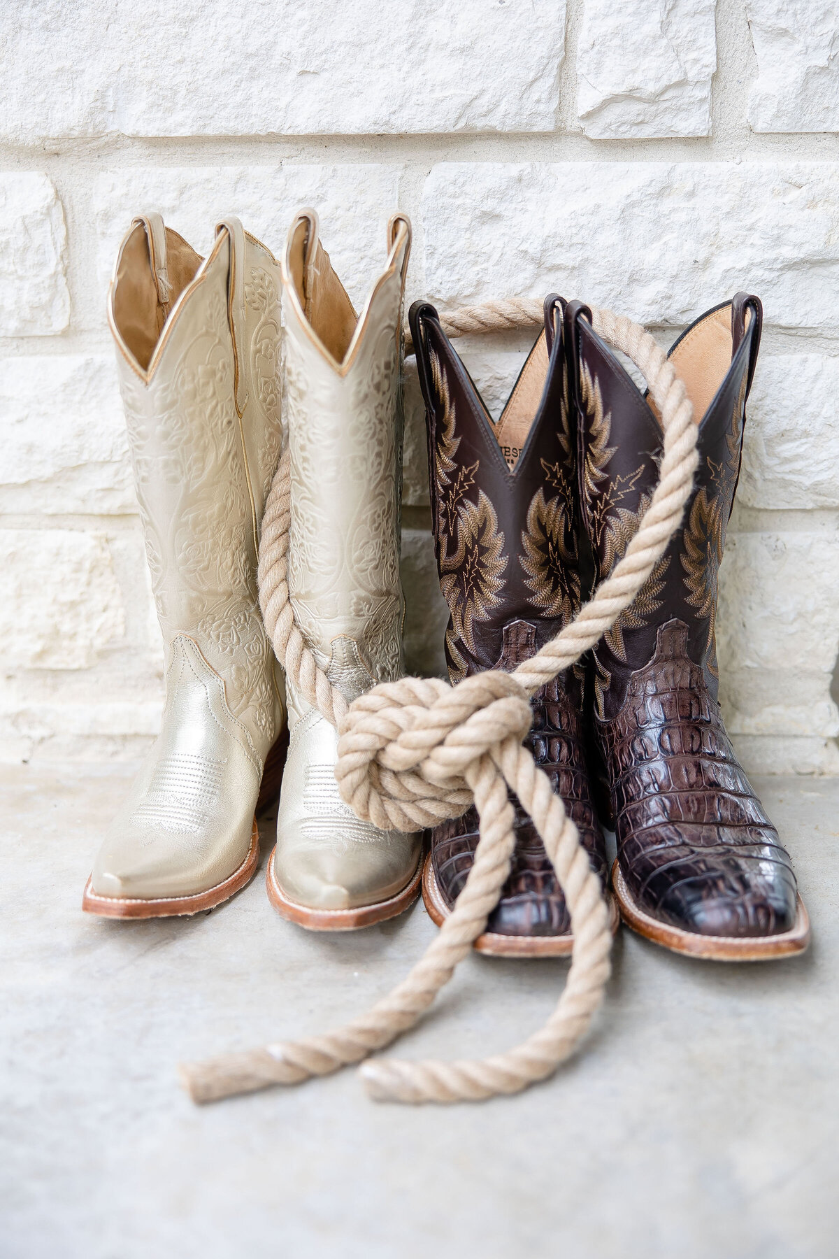 bride and groom boots with rope tied detail by wedding photographer in Texas