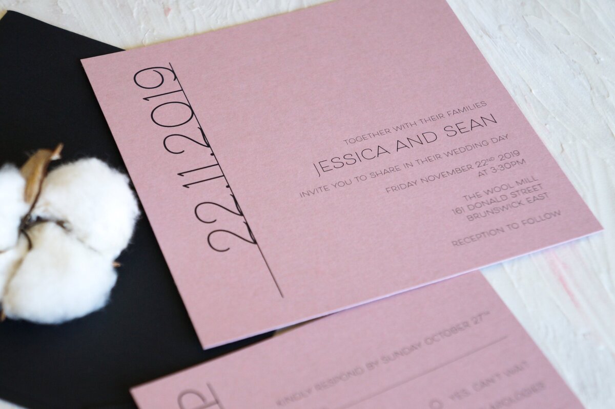 Rose pink elegant wedding invitation with black envelope