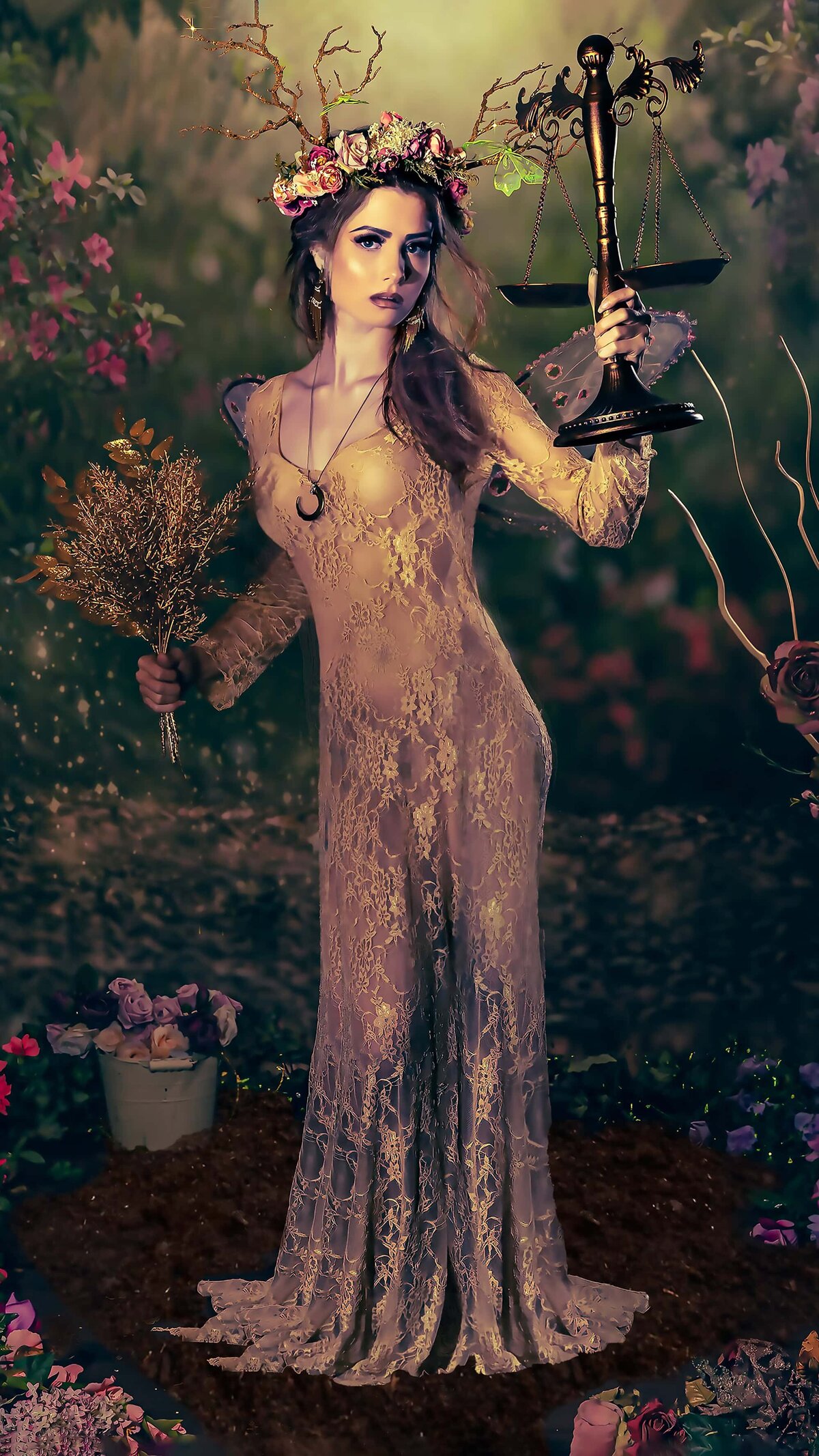 Virgo woman goddess in lace gown in garden