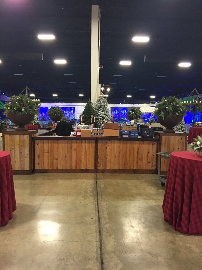 wine barrels, bar, red linens 