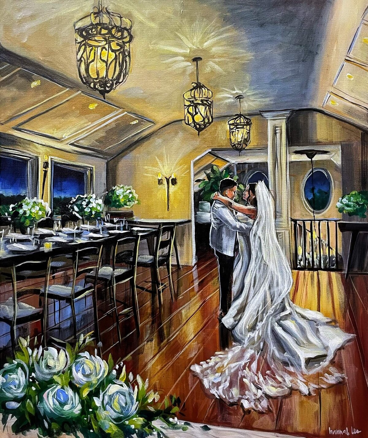 NY Live Wedding Painting couples first dance at Del Vino Vineyards wedding reception - Northport NY wedding venue