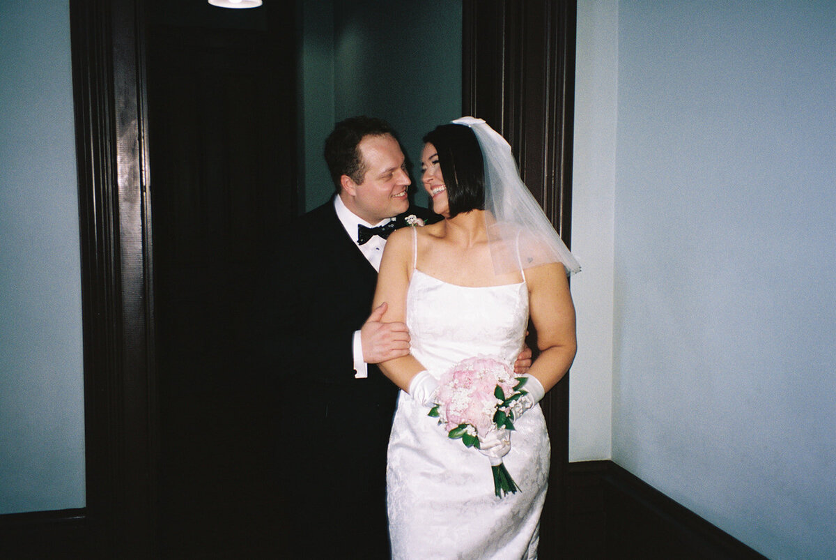 Bride and groom laughing during Tarrant County elopement.