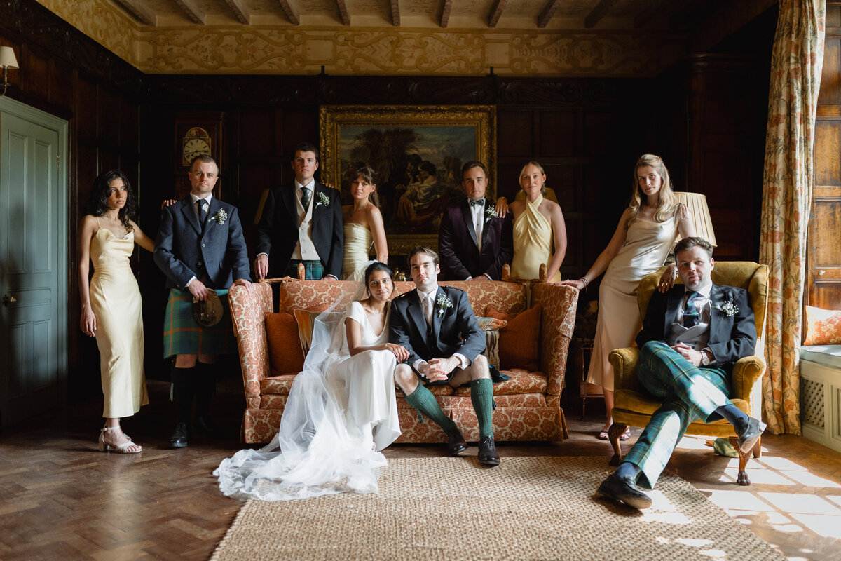 Pauntley Court wedding group portrait, editorial wedding photography in the UK.
