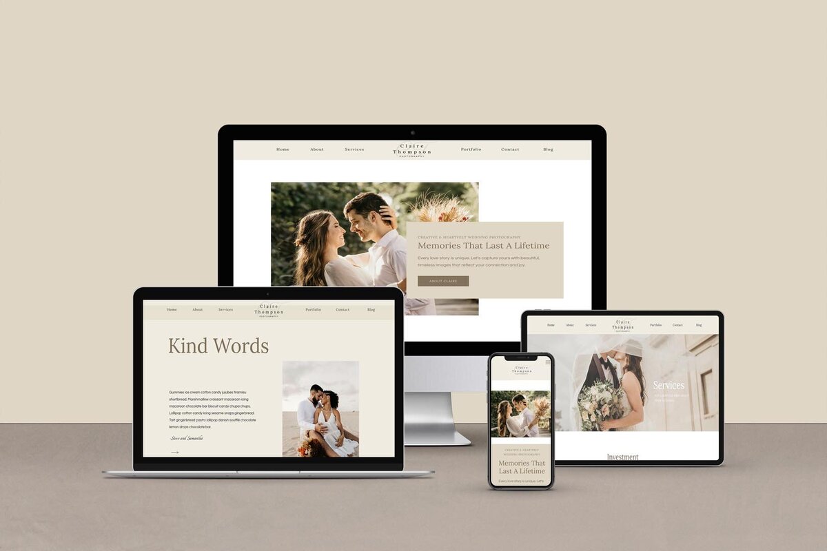 picture of a laptop sitting on a table with the claire thompson showit website template on the screen