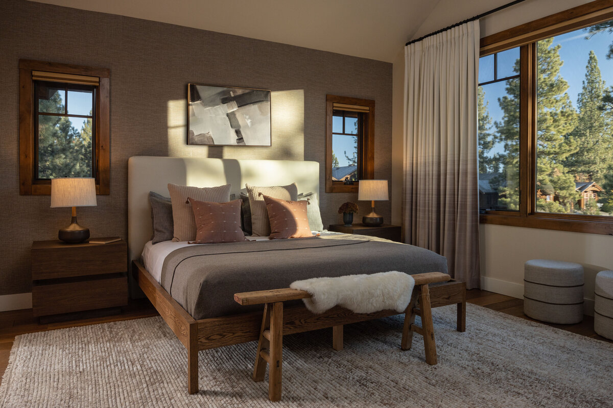 Elegant bedroom with natural light and neutral color palette, highlighted in interior photography