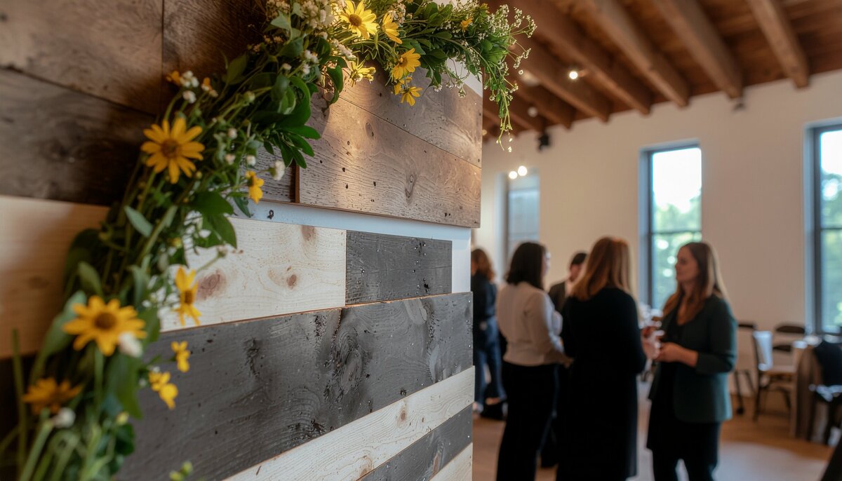 Firefly_yellow wildflowers and greenery arch in front of a stylish wooden feature wall, at a  44803