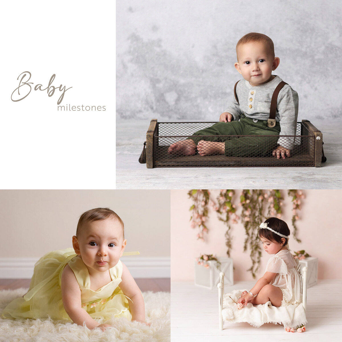A collage made of 3 babies. One is posed on a soft rug and wearing  a yellow dress. One is posed in a tiny bed  adn is looking down in a very innocent way. A baby boy sitting in a wooden and wire box., smiling at the camera.
