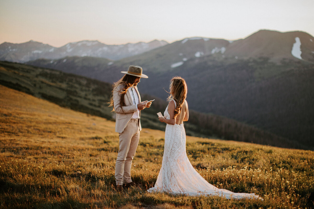 Bride and groom stand in a landscape wearing a tan suit and white wedding gown, reading their vows to one another.