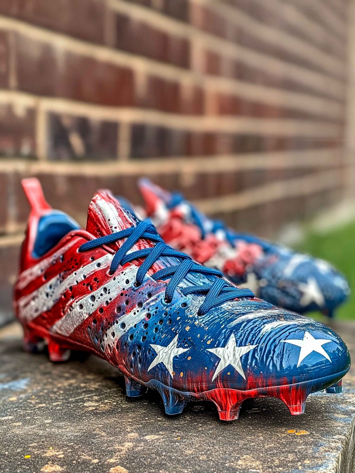 A branded photography shot of custom cleats in a Red, White and Blue patriotic colorway