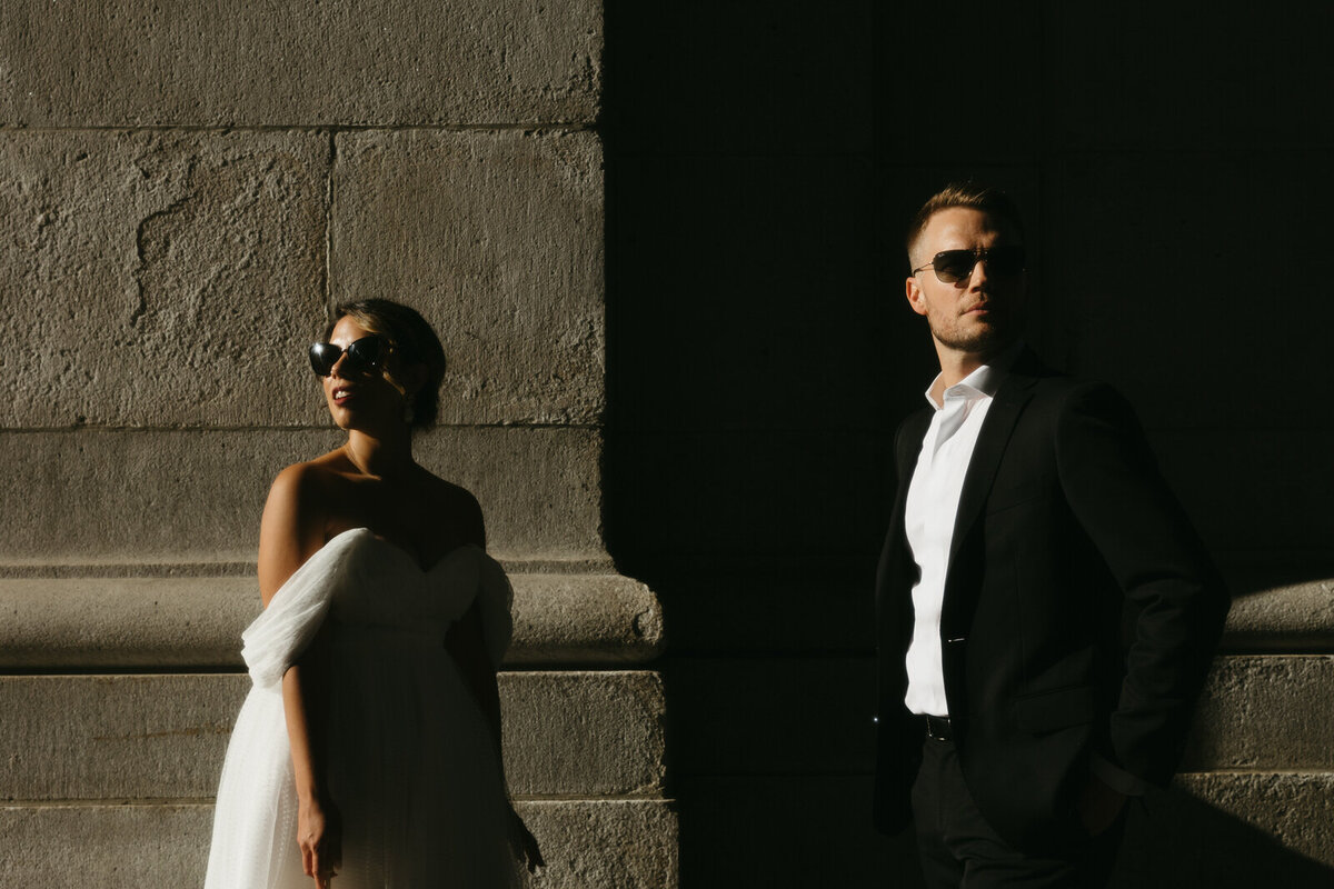 Bride and Groom glowing in the midday sun in Washington DC at the National Gallery of Art, created by Andrea-Marie Photography