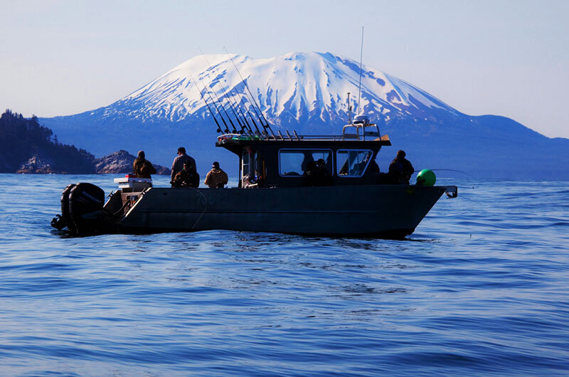 Boat full of people going by aSnowy mountain