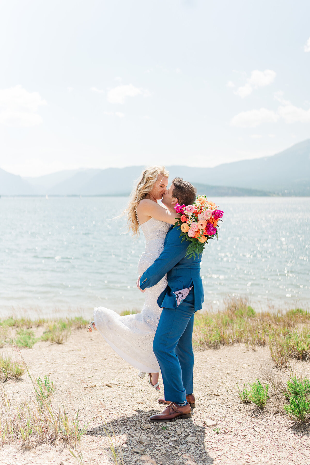 Lake Dillion Reservoir Colorado Elopement Wedding Mountain View Summer Pink and Orange Florals Sparkly Dress Light and Airy Elena Spraguer Photography0112