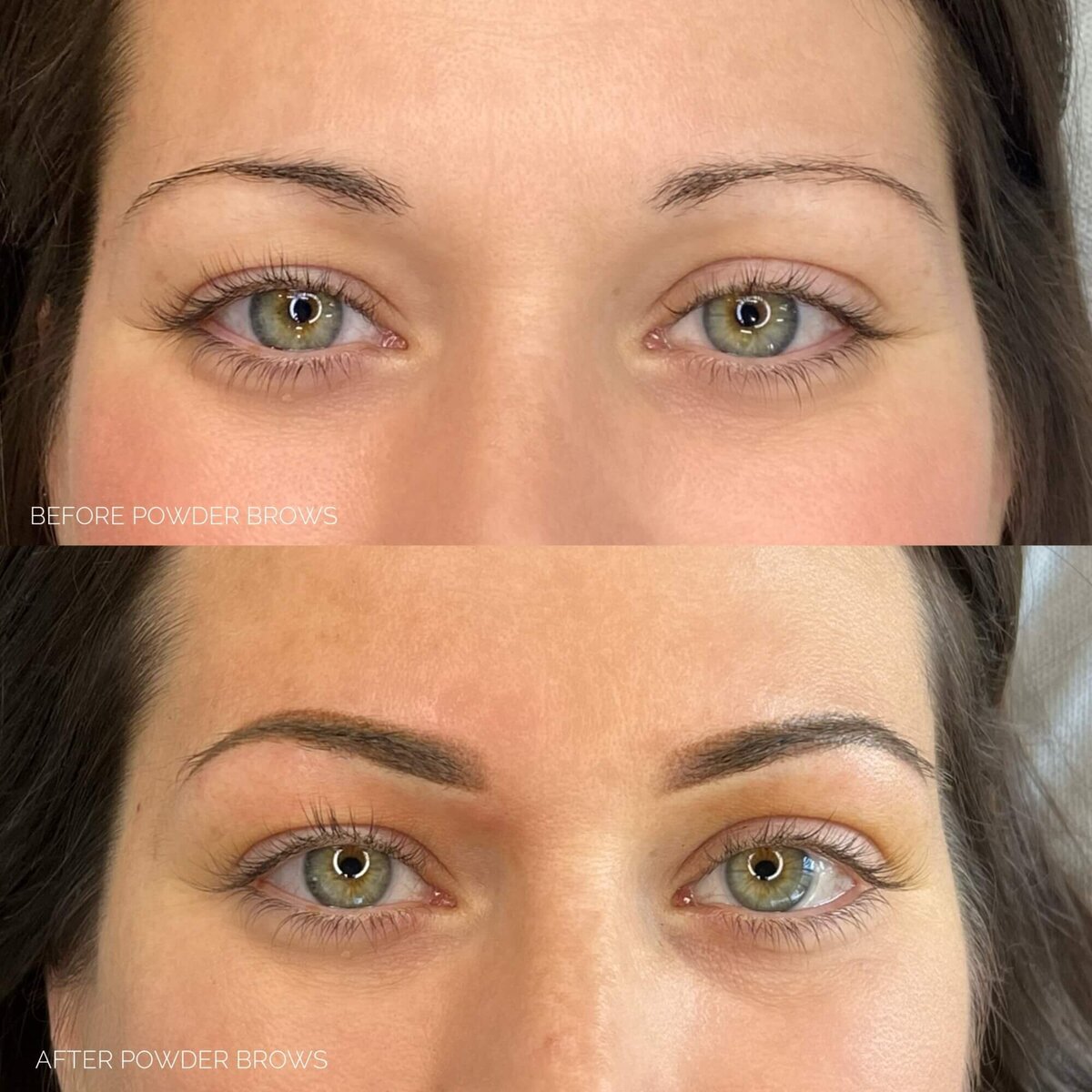 Before and after of woman with powder brows.