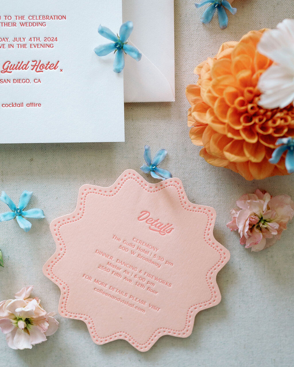 Dominique Alba Studio colorful modern custom letterpress invitations die cut