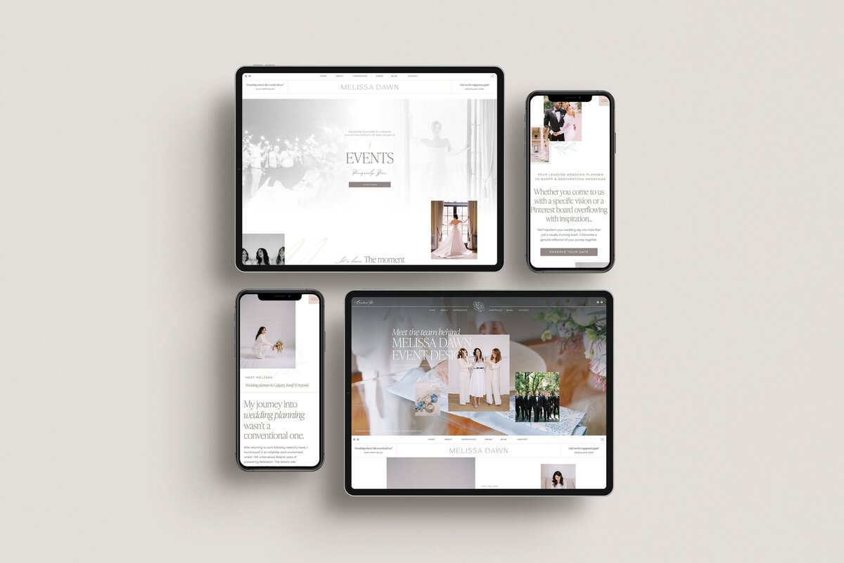 A top-down view of two tablets and two smartphones displaying web pages with event planning content, featuring images of people, text sections, and various design elements from branding and website design services.
