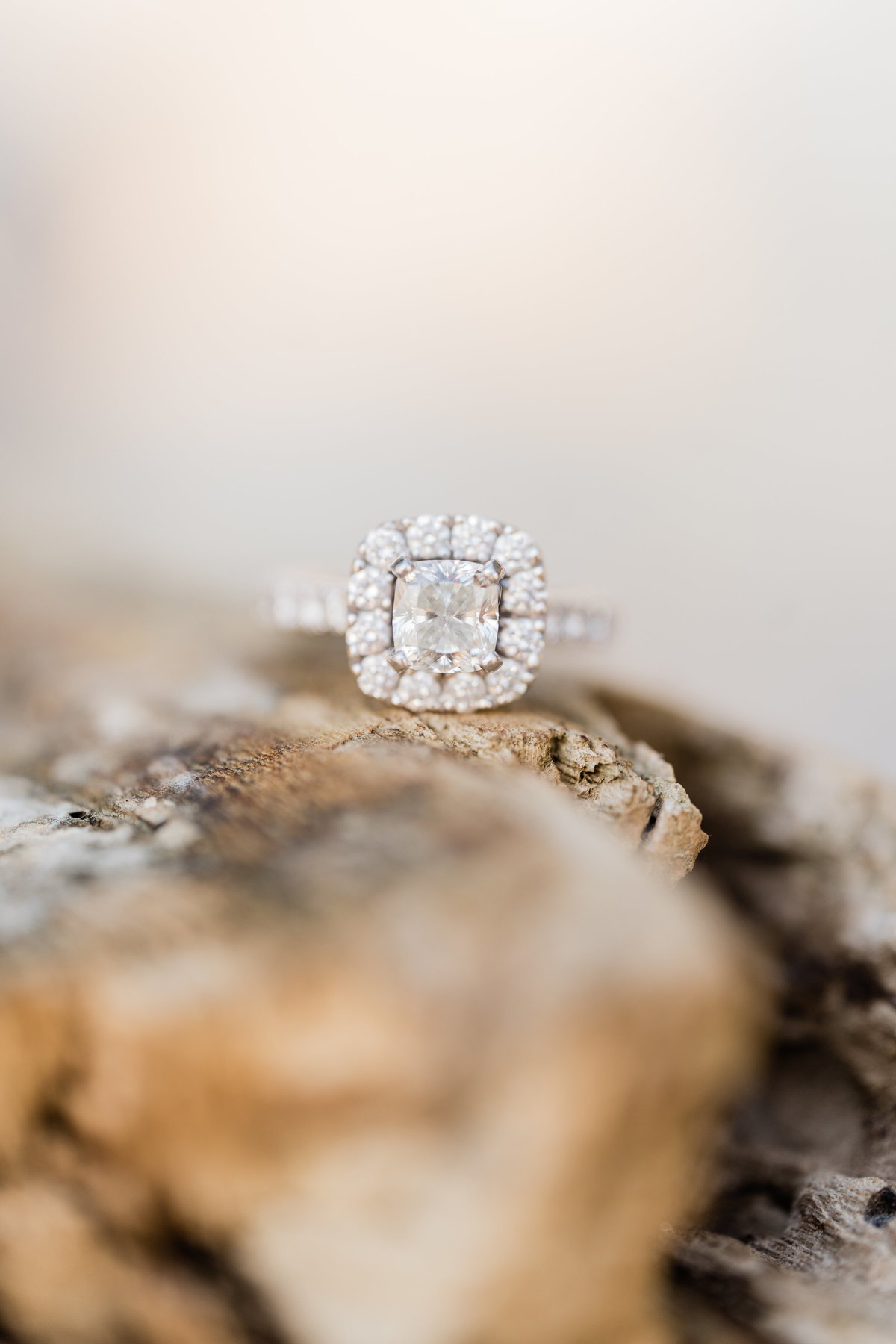 Closeup of square engagement ring