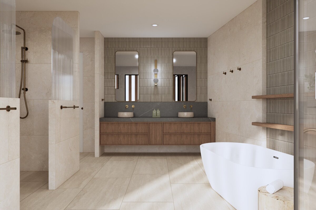A luxurious ensuite at Thalassa, Newport featuring a double vanity with brass tapware, timber cabinetry, and modern vertical tiles.