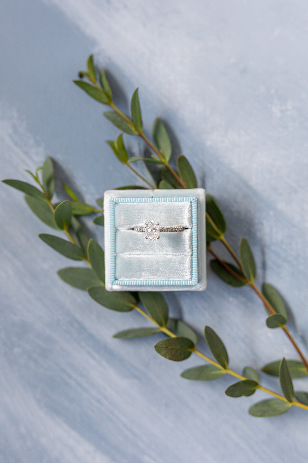 Baby blue ringbox with engagement ring and greenery