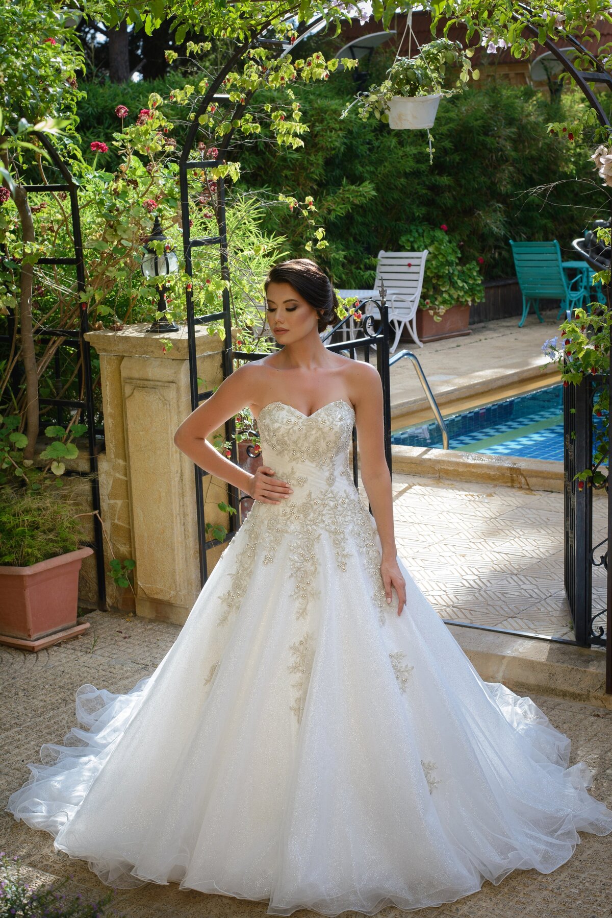 Model posing in wedding dress