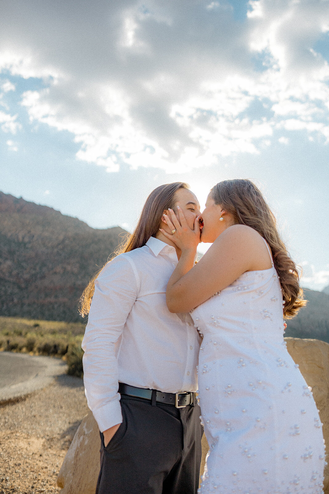 Close up of engaged couple kissing in Nevada