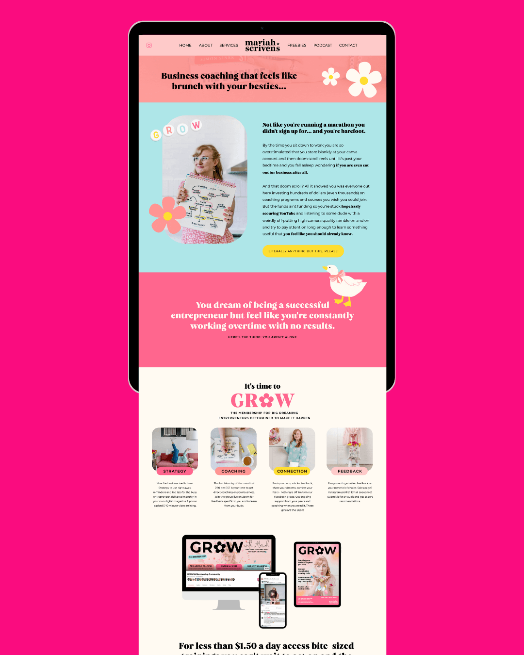 A fun and colorful pink website with floral accents, designed by Emily, a brand and web designer for women business coaches.