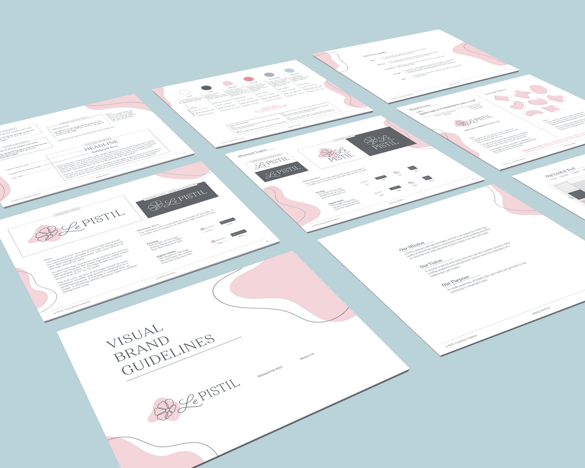 9 pages of the Le PISTIL brand guidelines document mockup up as a flat lay