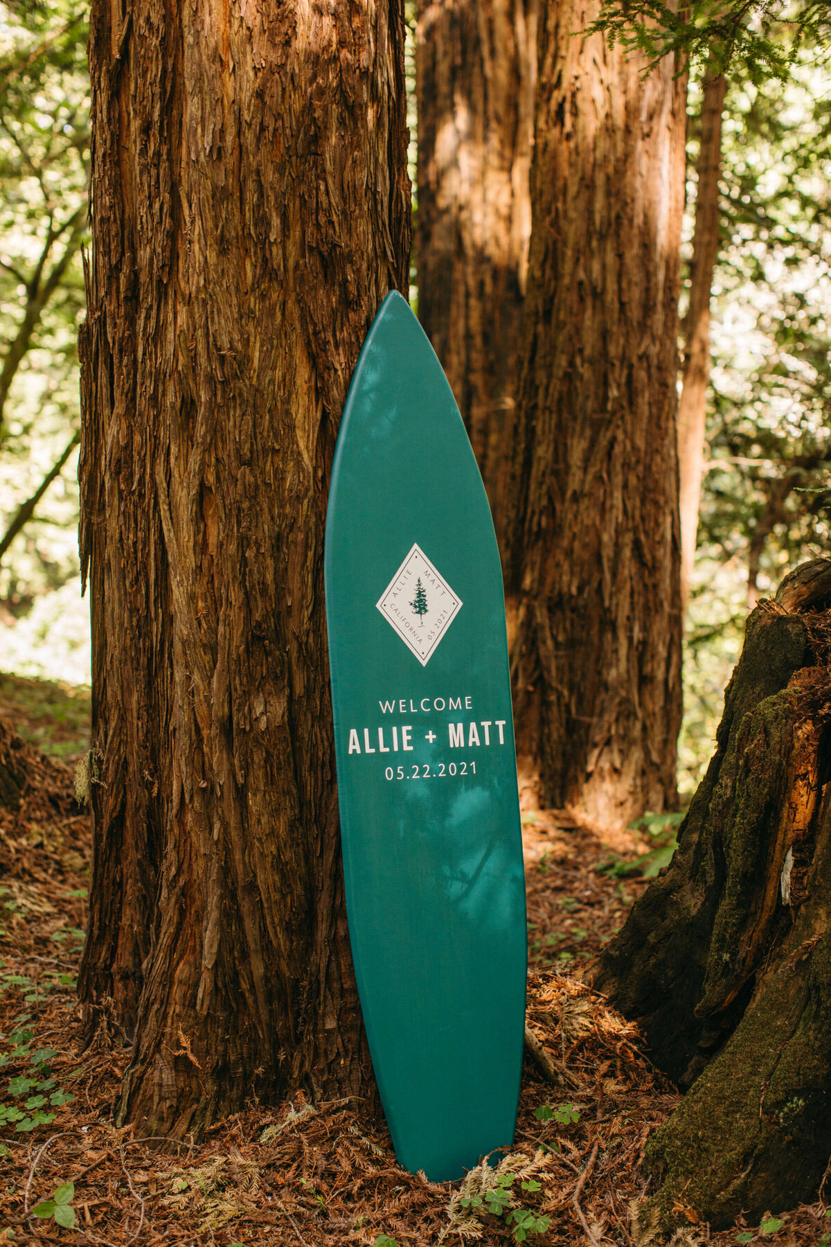 wedding forest surfboard welcome sign