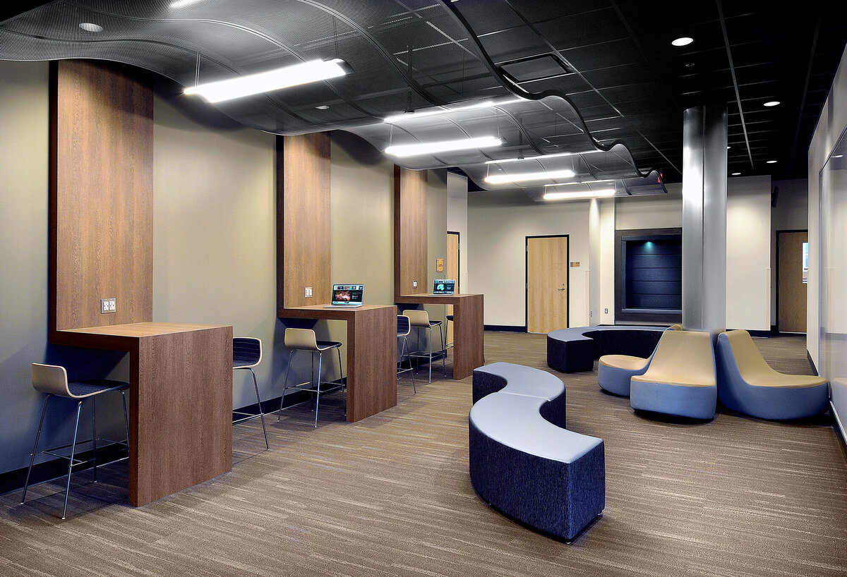 interior of the student commons  at The Walker School Warren science & technology building