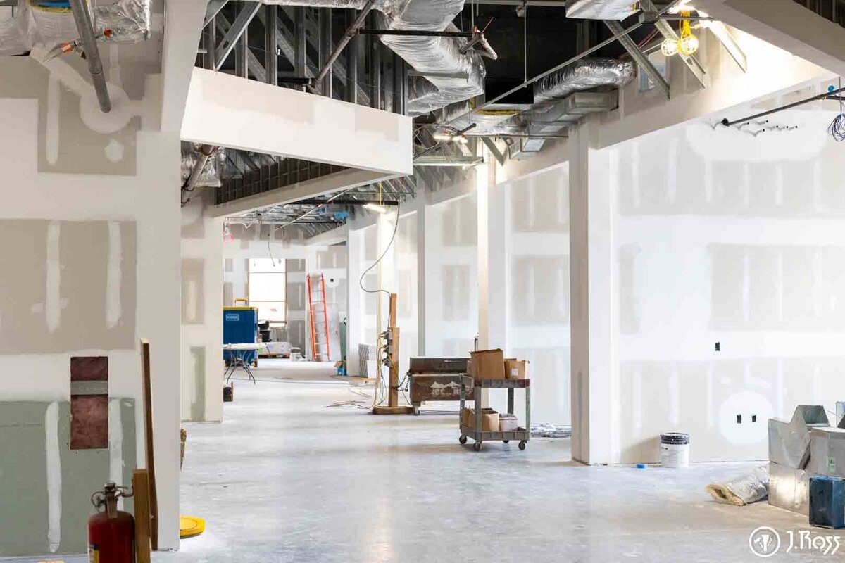 Commercial drywall and metal stud framing in progress by J.Ross Painting & Drywall at ETSU in Johnson City, Tennessee.