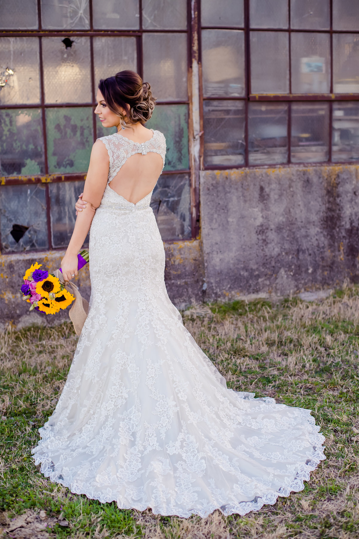 bride with old barn in Decatur