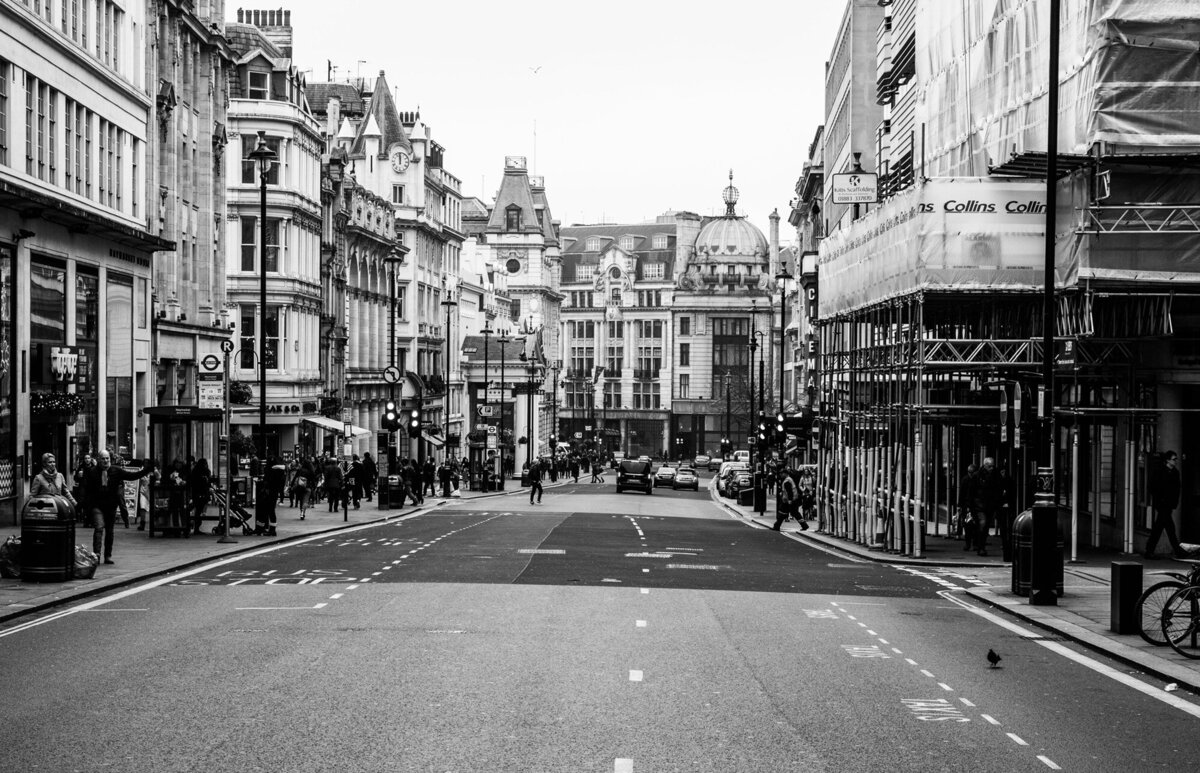 Black and white image of London City during day photography