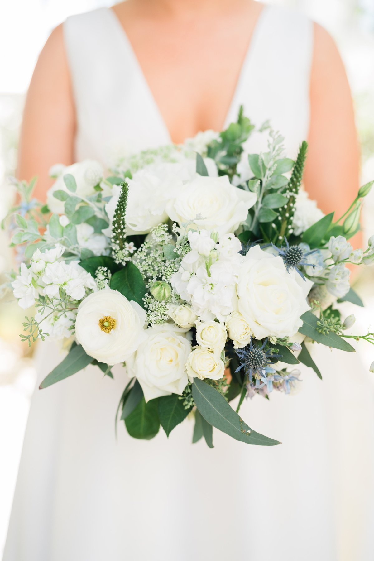 white, green and touch of blue bridal bouquet