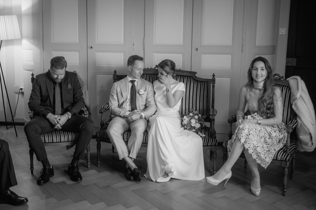 Black and white destination wedding photography in Switzerland during the wedding ceremony.