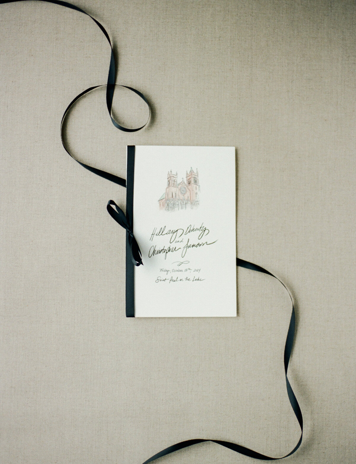 organic, hand-drawn wedding stationery, ceremony program, St. Paul on the Lake, Grosse Pointe