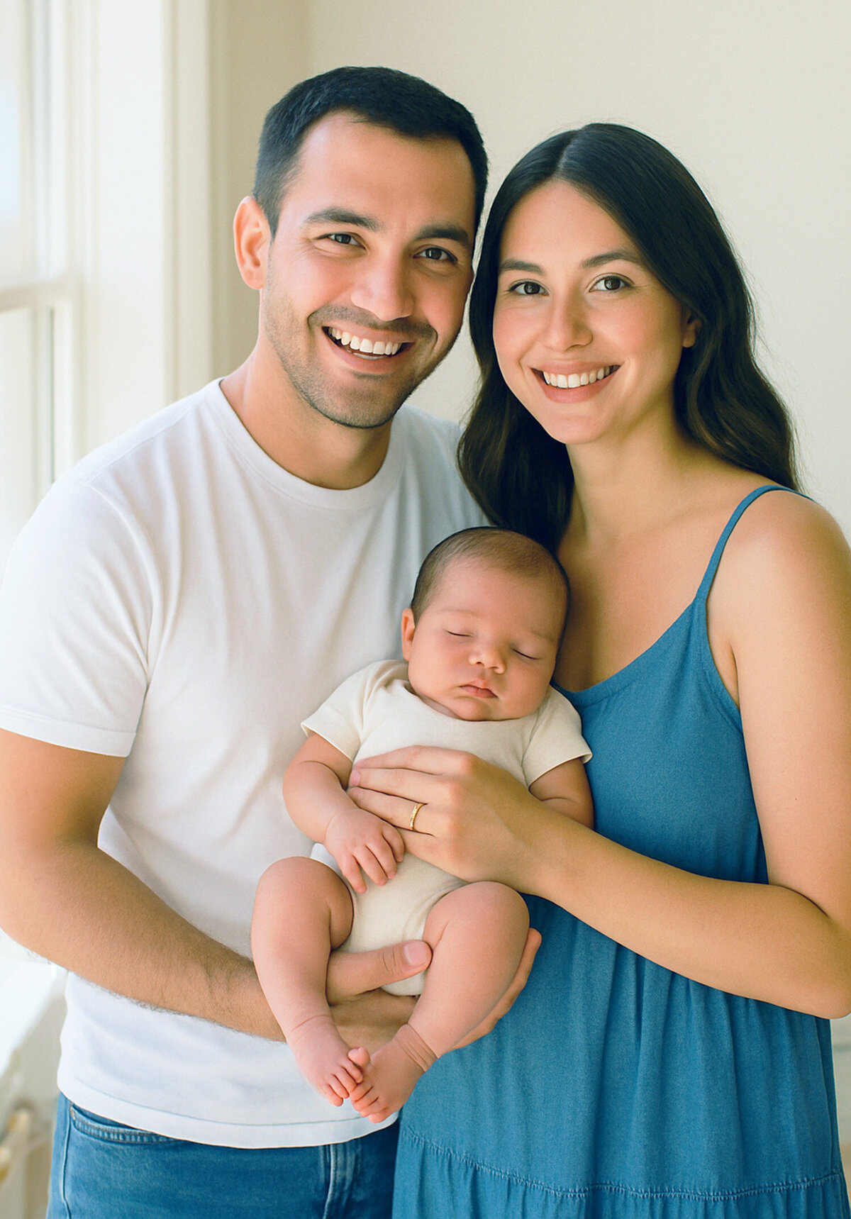 Mom and dad holding newborn baby in between them. Captured in their home by San Francisco Newborn Photographer.