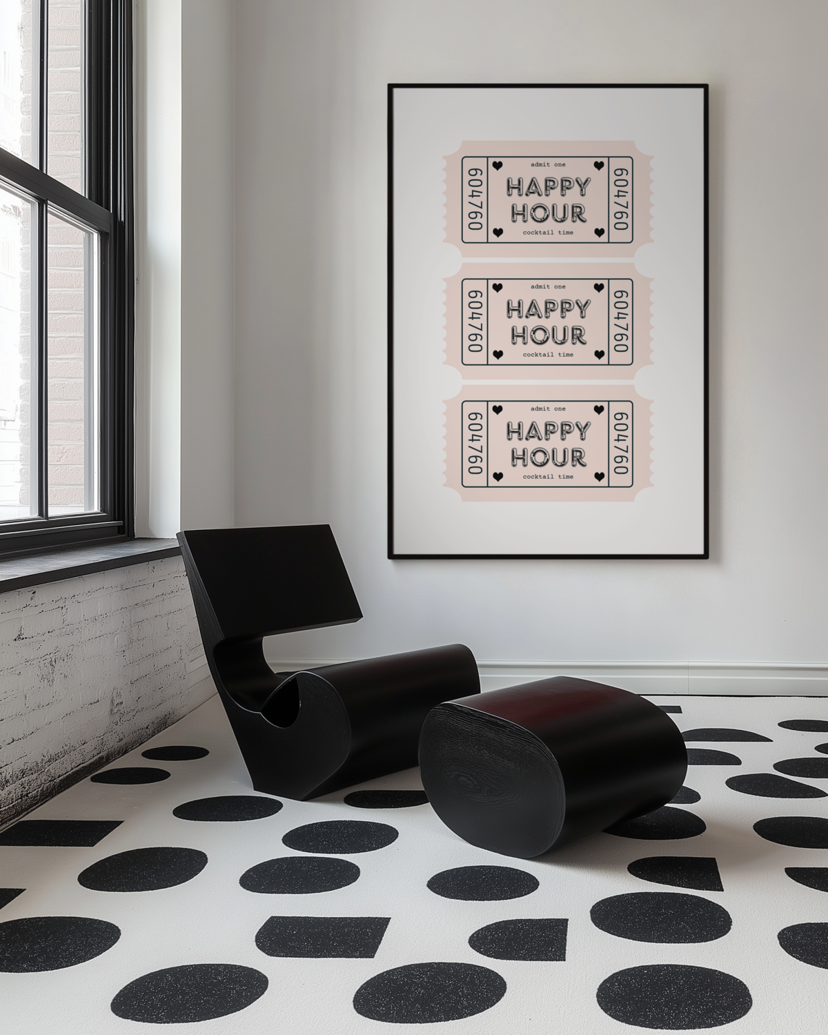 Modern minimalist room with a black chair, geometric-patterned floor, and framed wall art featuring three "Happy Hour" tickets by Sweet Pea Ink Creative. Large window on the left adds natural light—perfect for brand design inspiration.