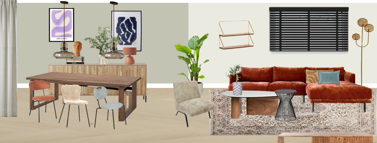 woonkamer eetkamer lange wand final optie 2 joanna little greene dressoir woood